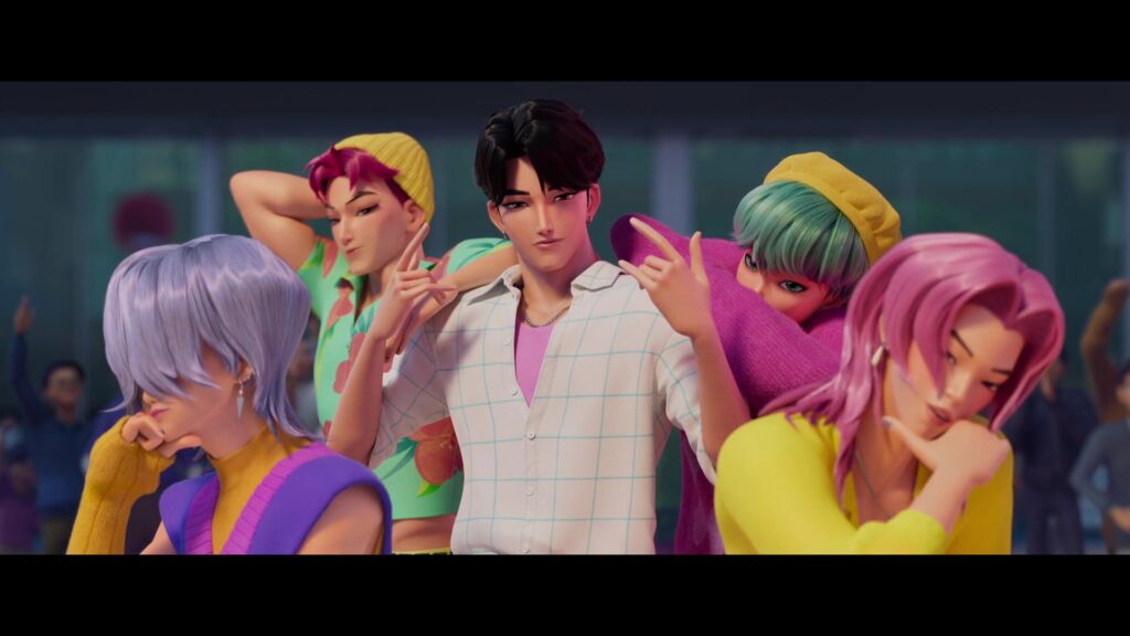 Jinu and the Saja Boys, in their human forms, performing Soda Pop