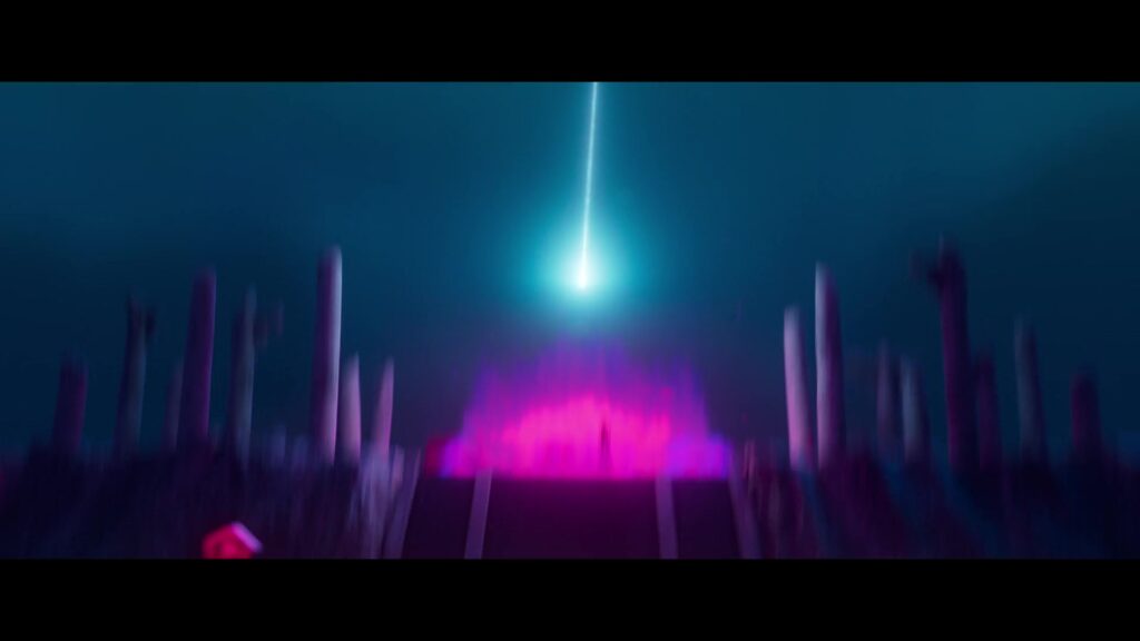 a blue streak of light, representing a soul, flies into the purple and pink fire that is Gwi-ma
