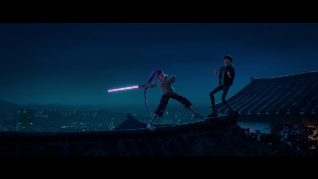 Rumi swinging her glowing magic sword at Jinu on a rooftop