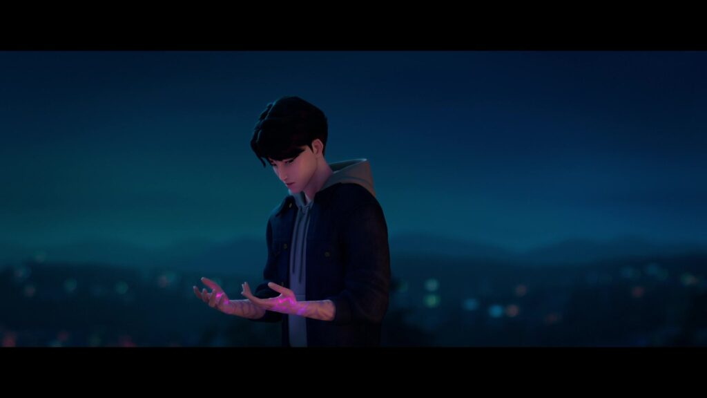 sad Jinu looks at the bright pink glowing demon patterns on his hands and arms