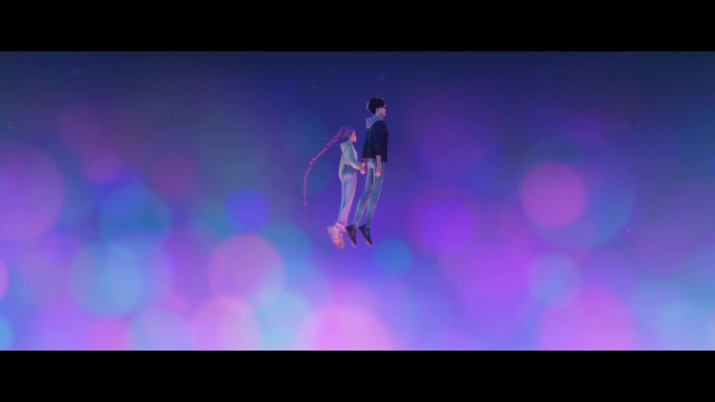 Rumi and Jinu holding hands as they float up into the sky, surrounded by pink and blue