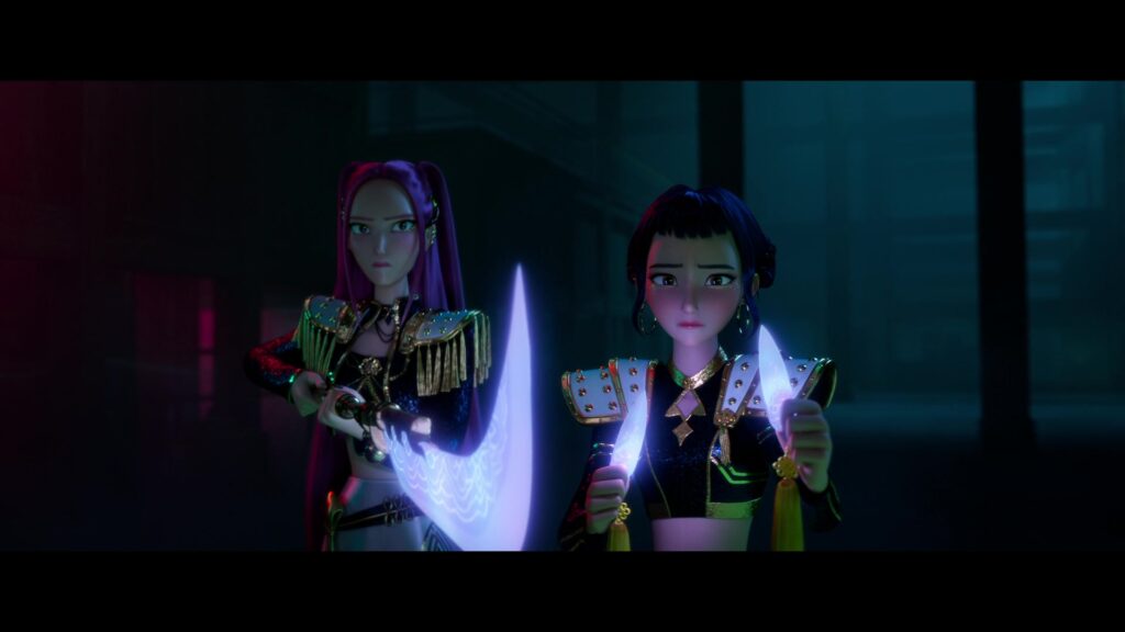 Mira and Zoey, sad looks on their faces, raise their glowing magical weapons