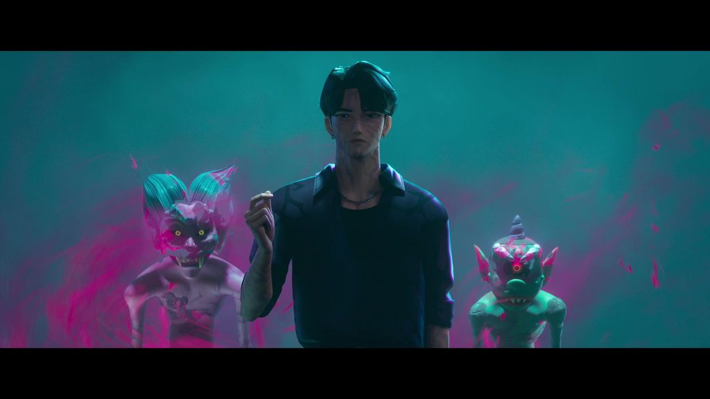 Jinu snapping his fingers to make the two demons behind him disappear in wisps of pink smoke