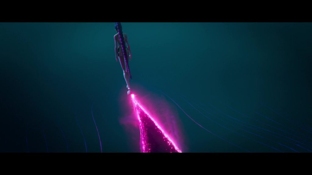 Rumi walking away, leaving a glowing pink tear in the Honmoon behind her