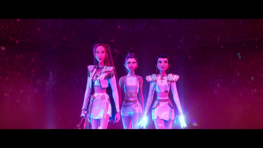 Mira, Rumi, and Zoey approach the stage, magic weapons in hand