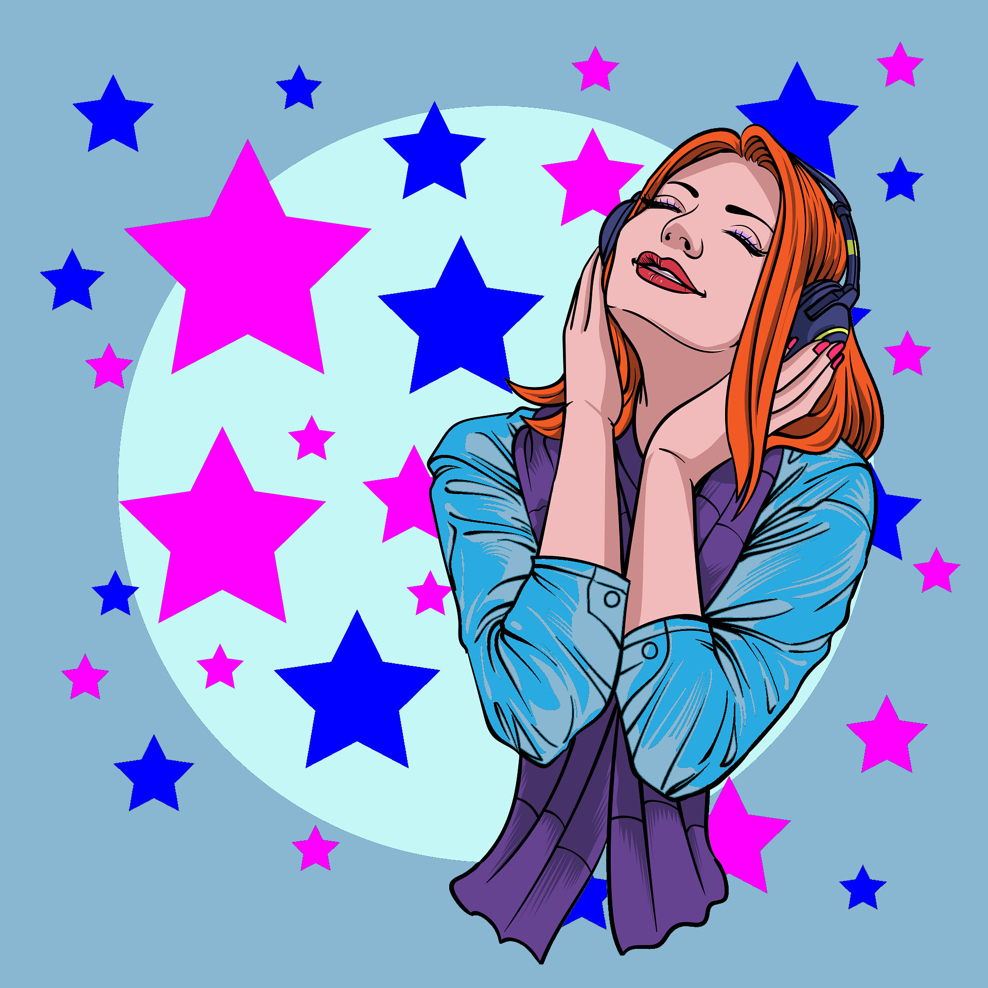 Illustration of a woman listening to music on headphones and really feelin' it, surrounded by hot pink and royal blue stars